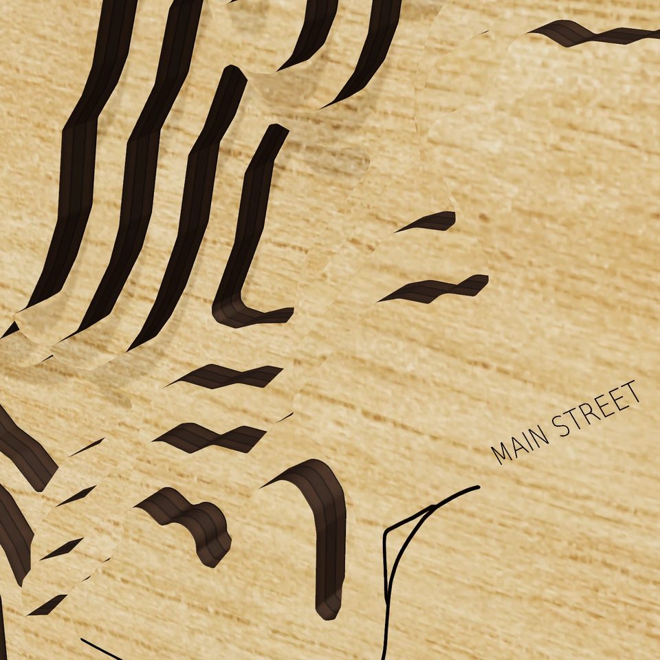 Wachusett Reservoir 3D wood map, detail view
