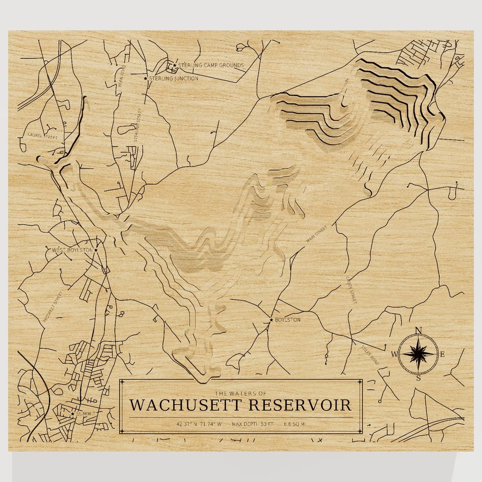 Wachusett Reservoir 3D wood map, front view