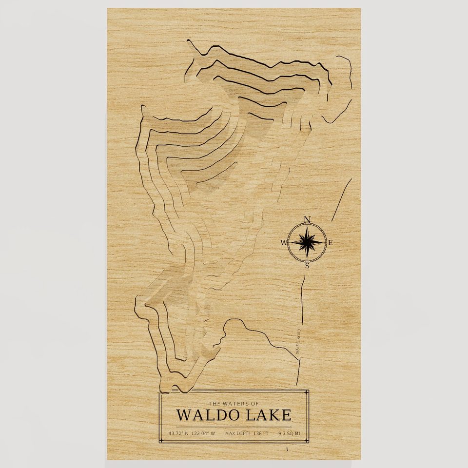 Waldo Lake 3D wood map, front view