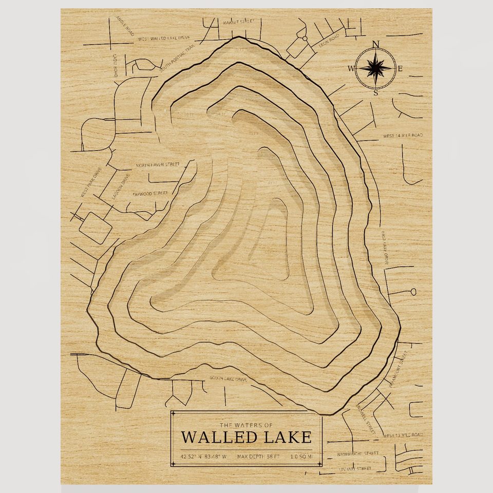 Walled Lake 3D wood map, front view