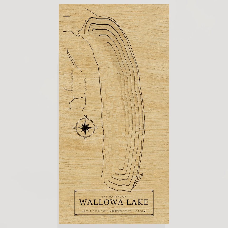 Wallowa Lake 3D wood map, front view