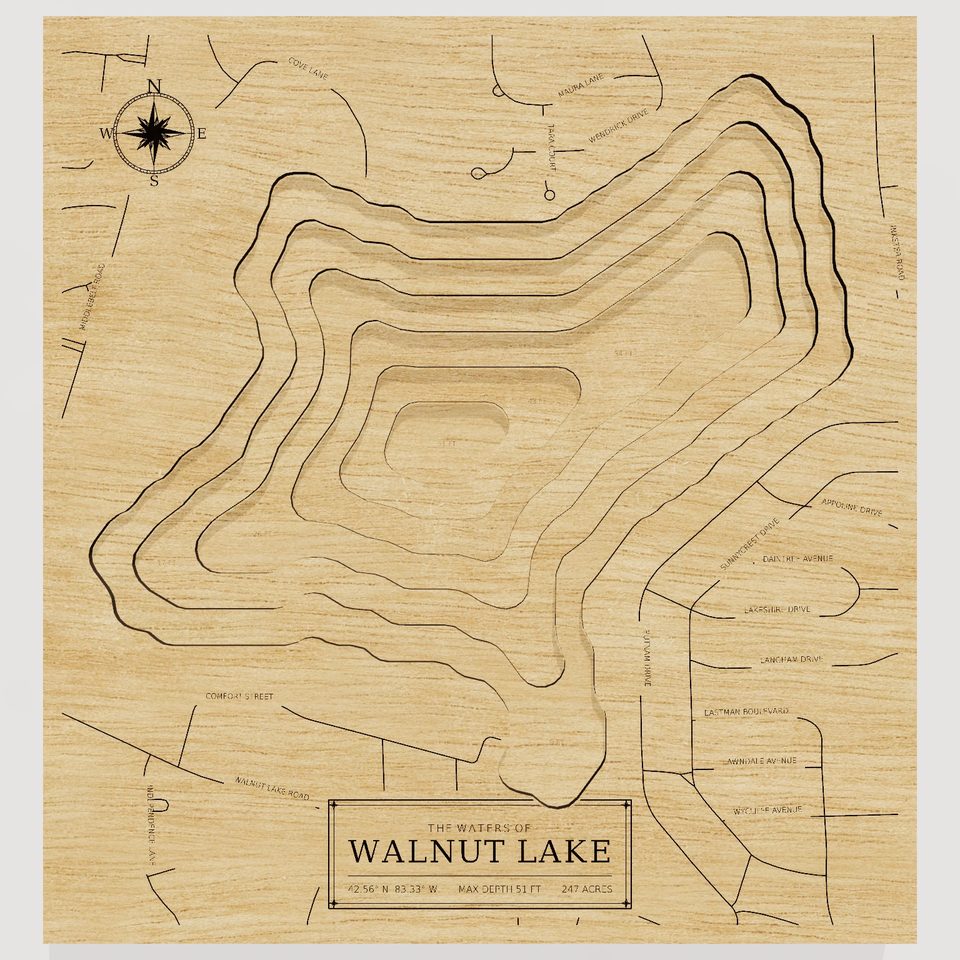 Walnut Lake 3D wood map, front view