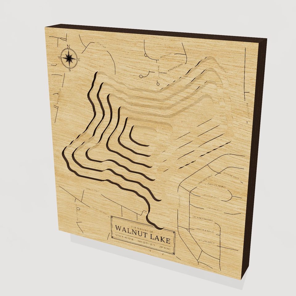 Walnut Lake 3D wood map, hero view