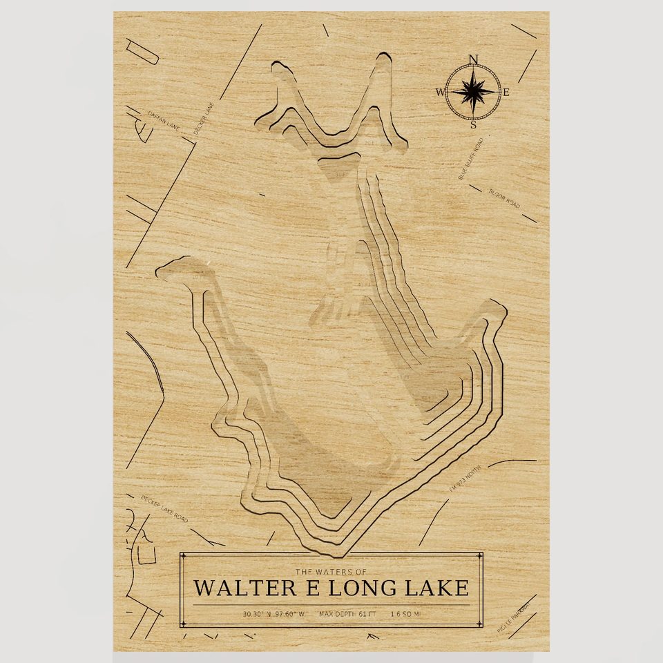 Walter E Long Lake 3D wood map, front view