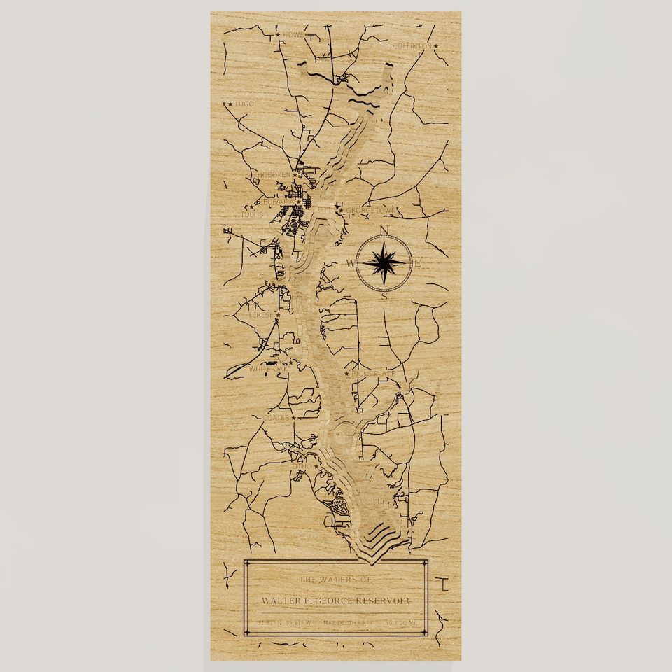 Walter F. George Reservoir 3D wood map, front view