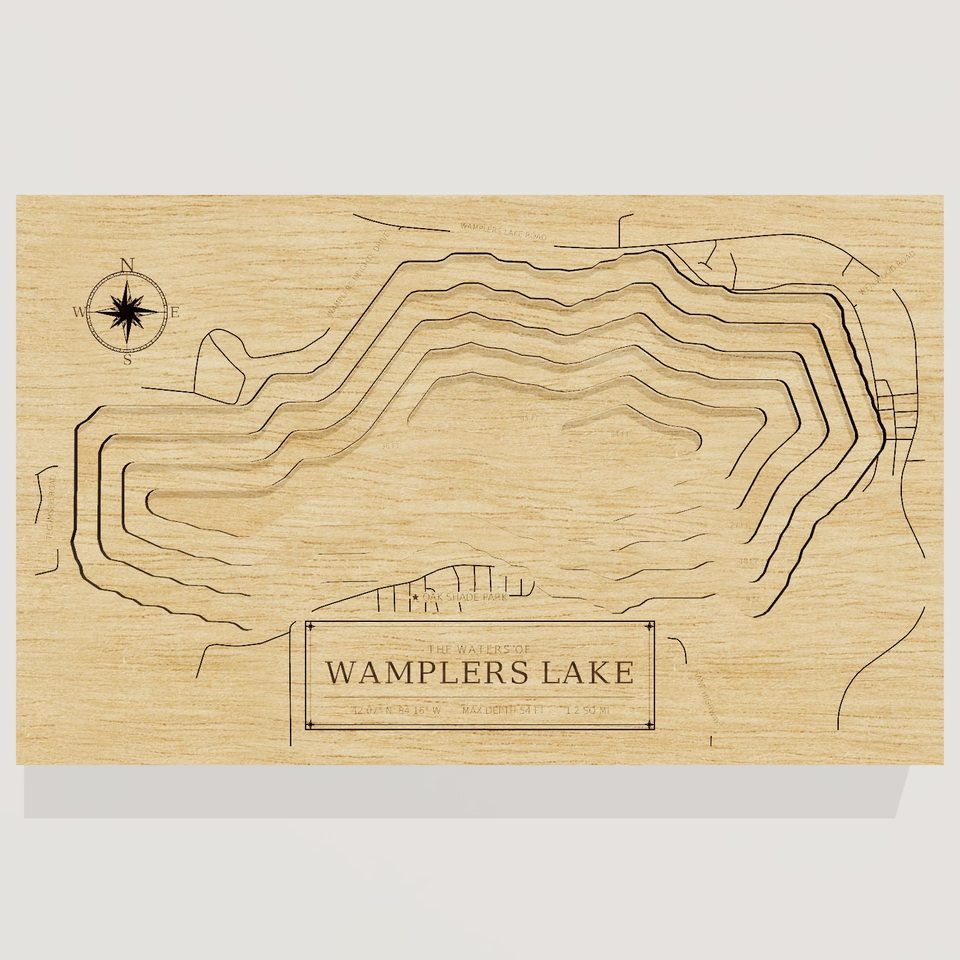 Wamplers Lake 3D wood map, front view