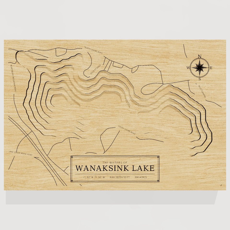 Wanaksink Lake 3D wood map, front view