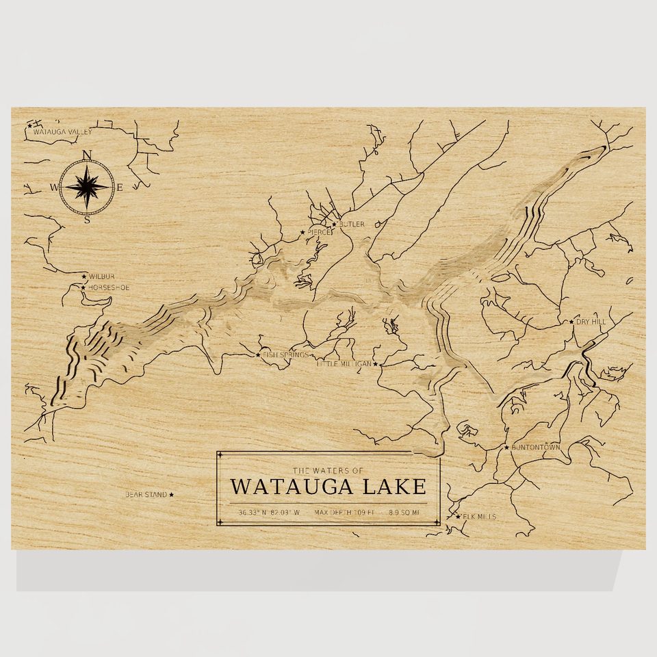 Watauga Lake 3D wood map, front view
