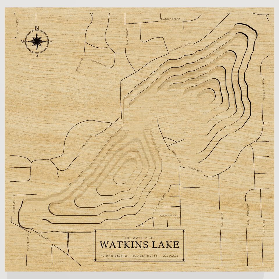Watkins Lake 3D wood map, front view