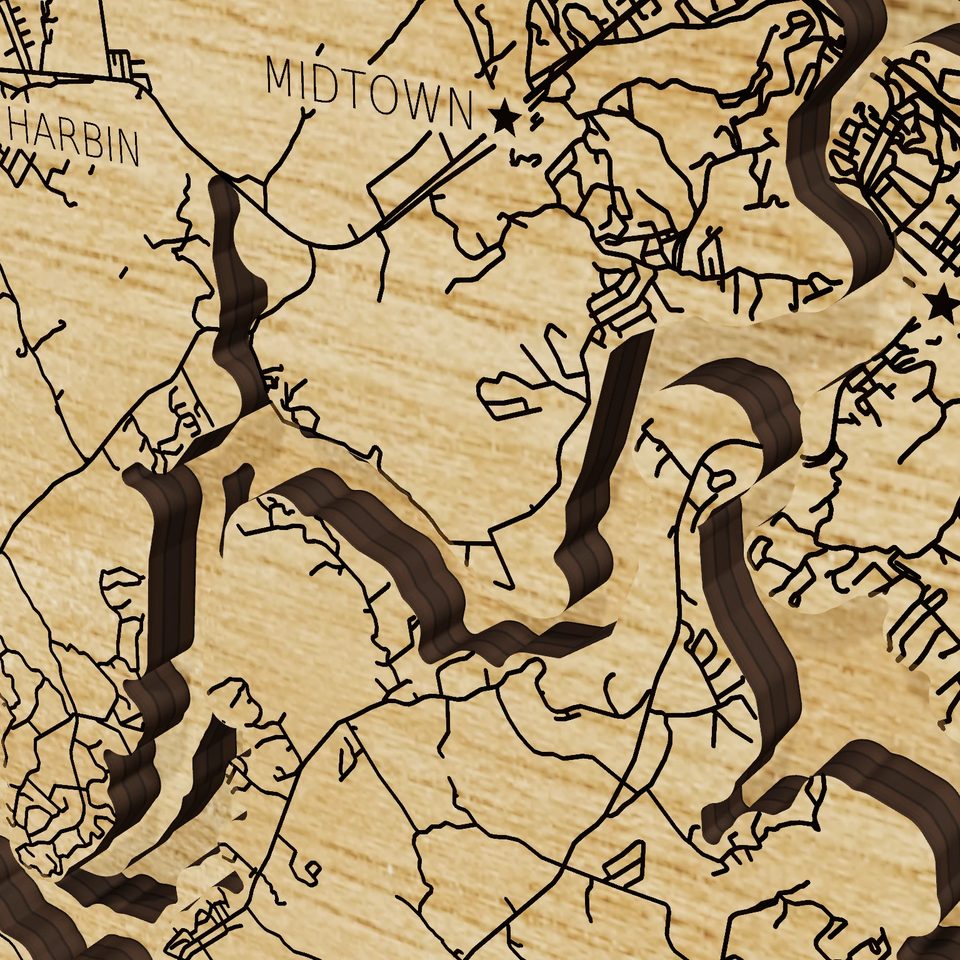 Watts Bar Lake 3D wood map, detail view