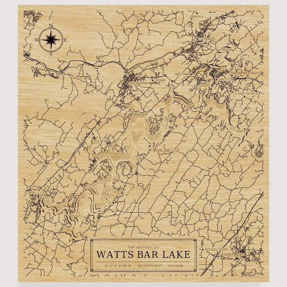 Watts Bar Lake 3D wood map, front view