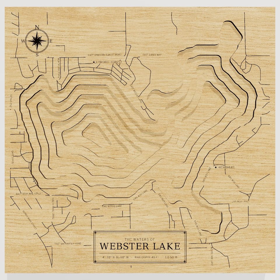 Webster Lake 3D wood map, front view
