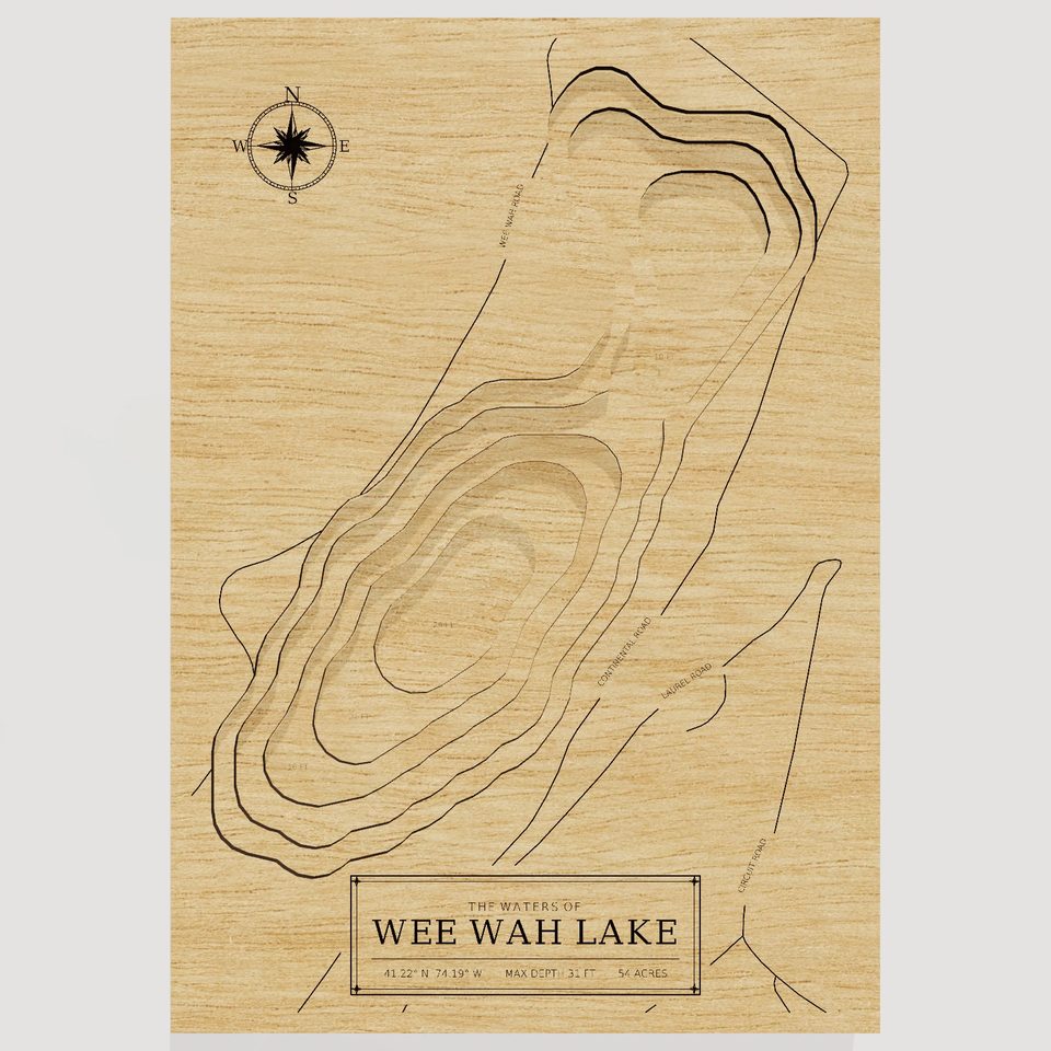 Wee Wah Lake 3D wood map, front view