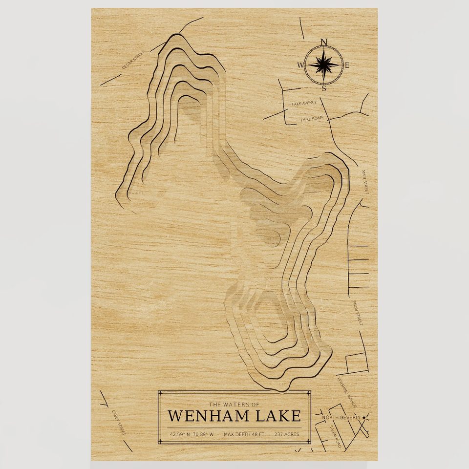 Wenham Lake 3D wood map, front view