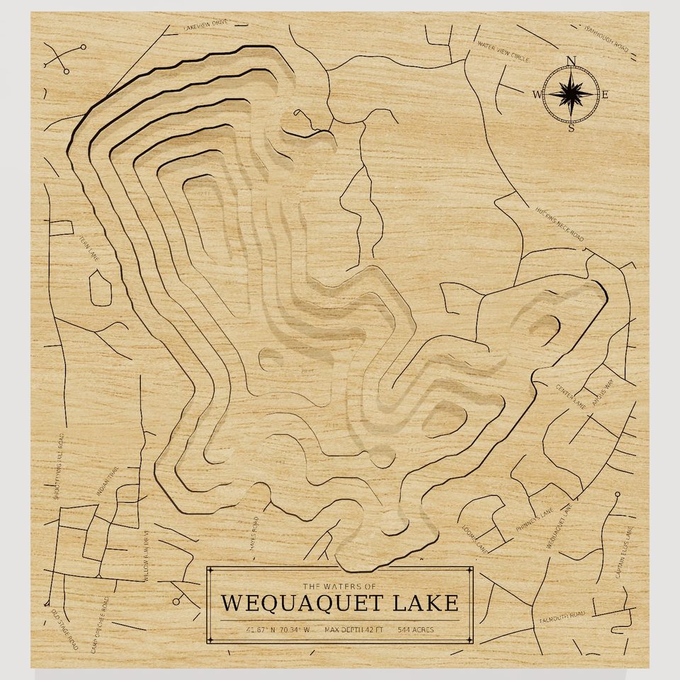 Wequaquet Lake 3D wood map, front view