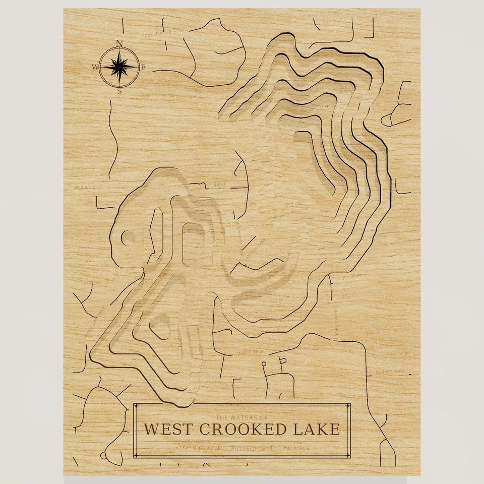 West Crooked Lake 3D wood map, front view