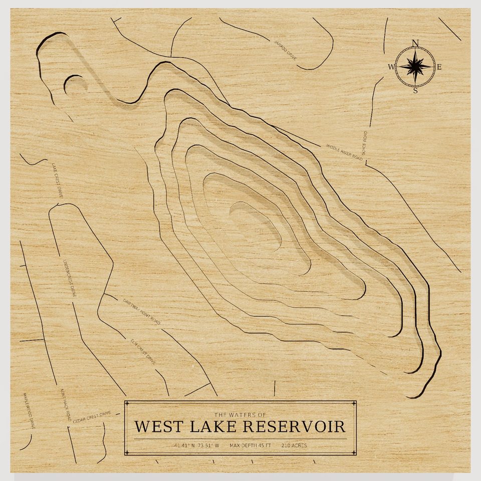 West Lake Reservoir 3D wood map, front view
