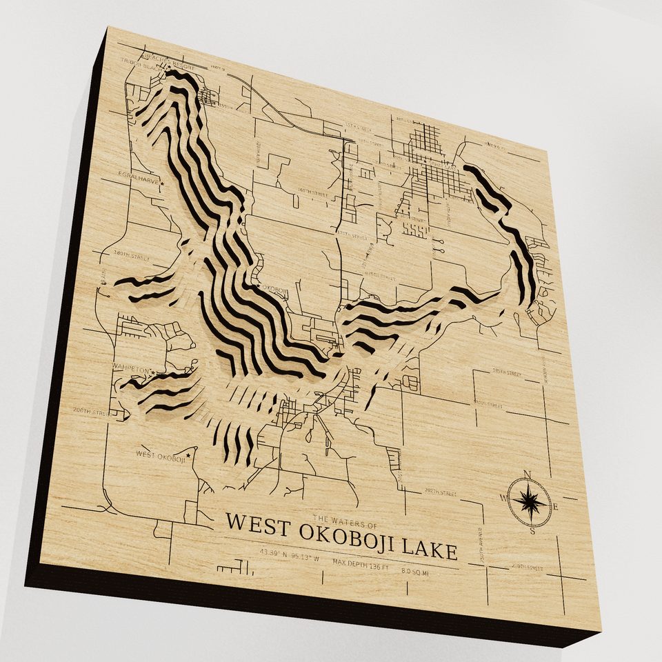 West Okoboji Lake 3D wood map, angle low view