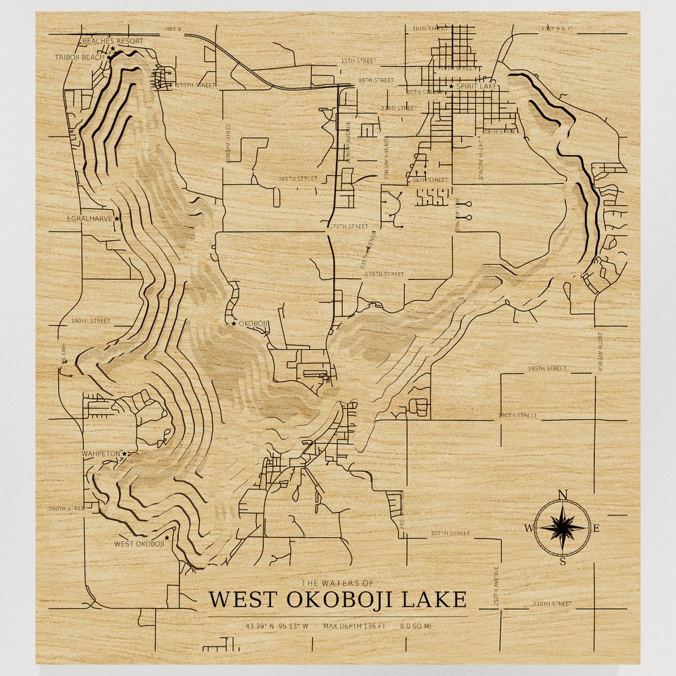 West Okoboji Lake 3D wood map, front view
