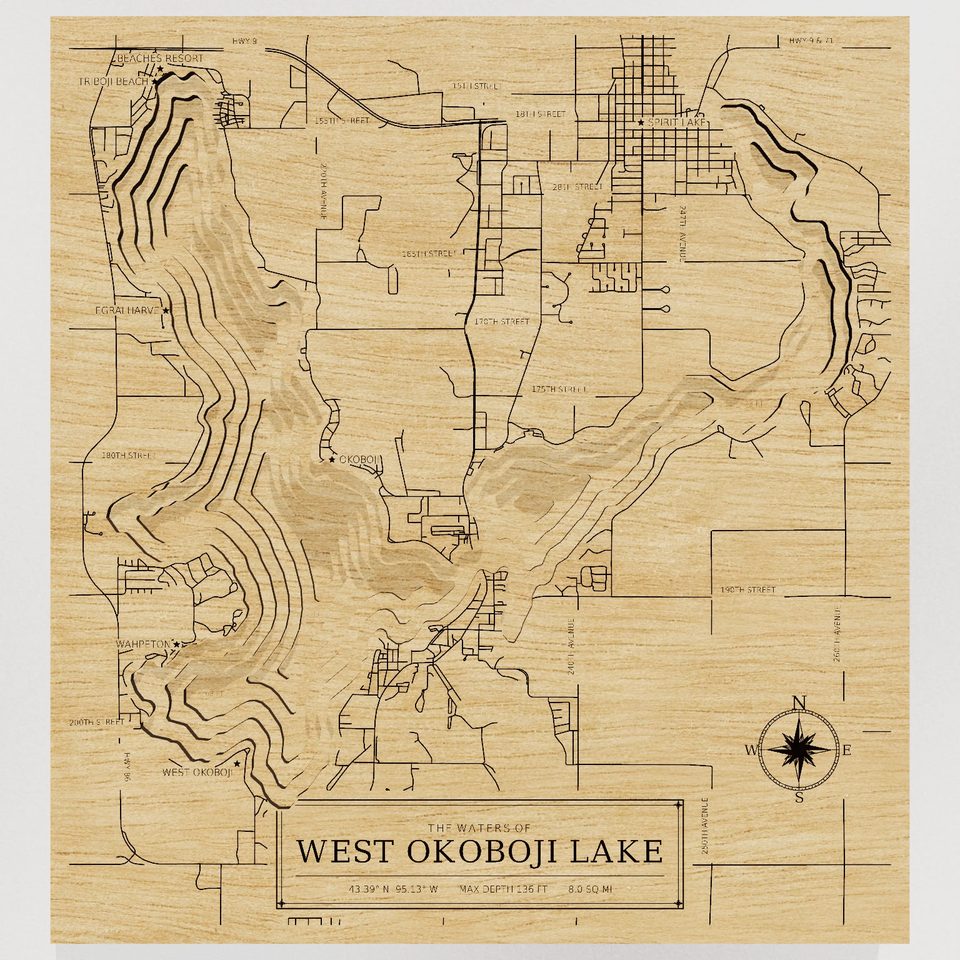 West Okoboji Lake 3D wood map, front view