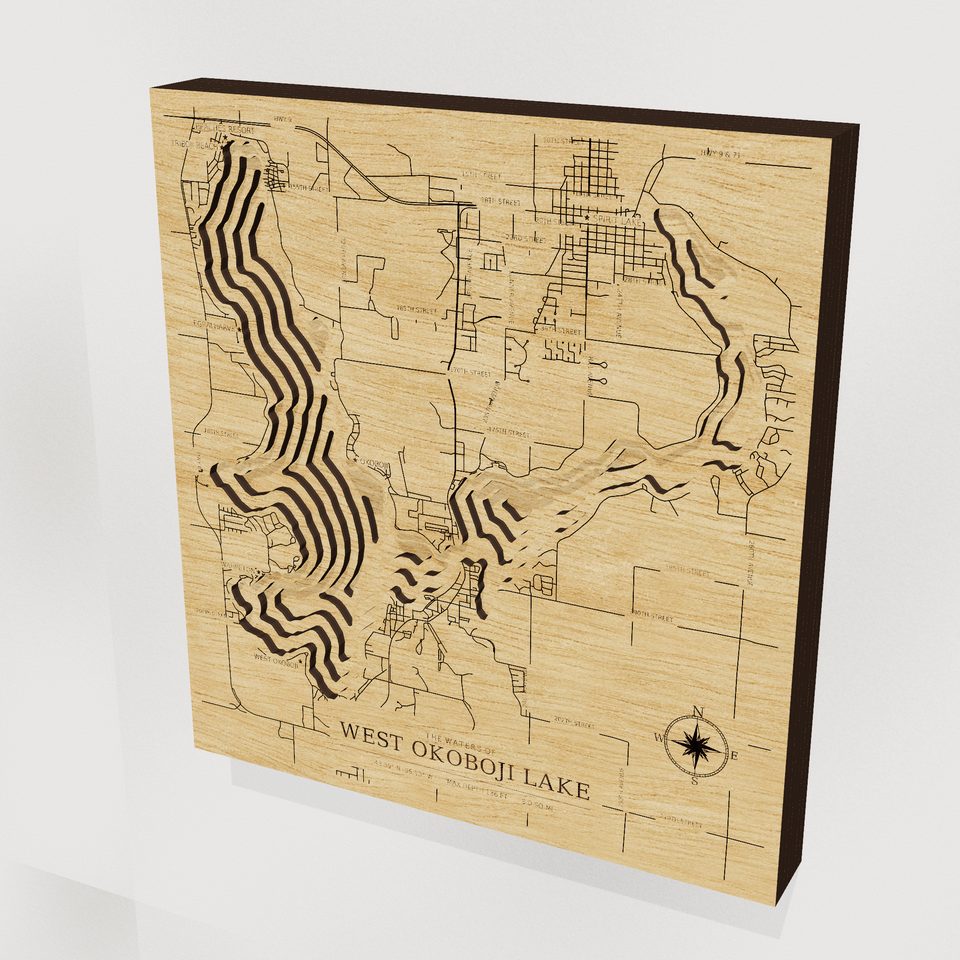 West Okoboji Lake 3D wood map, hero view