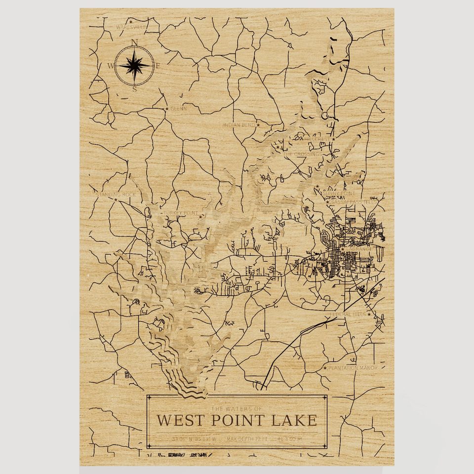 West Point Lake 3D wood map, front view