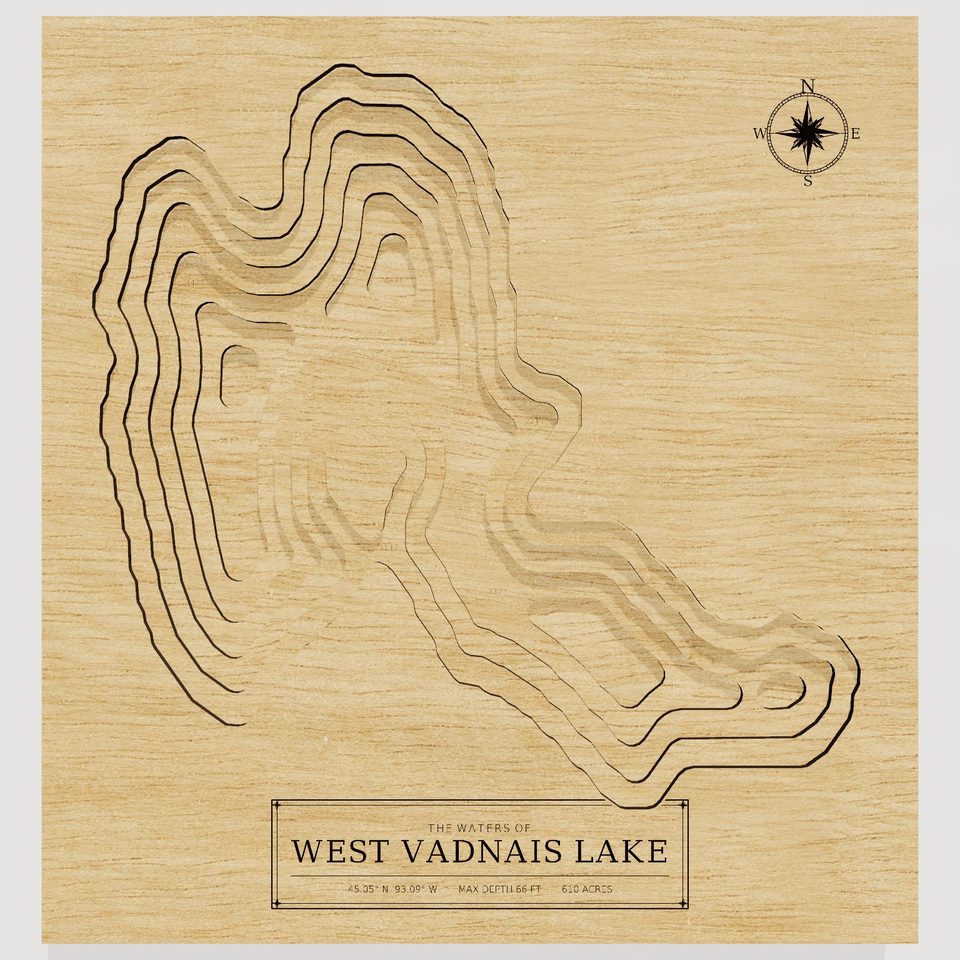 West Vadnais Lake 3D wood map, front view