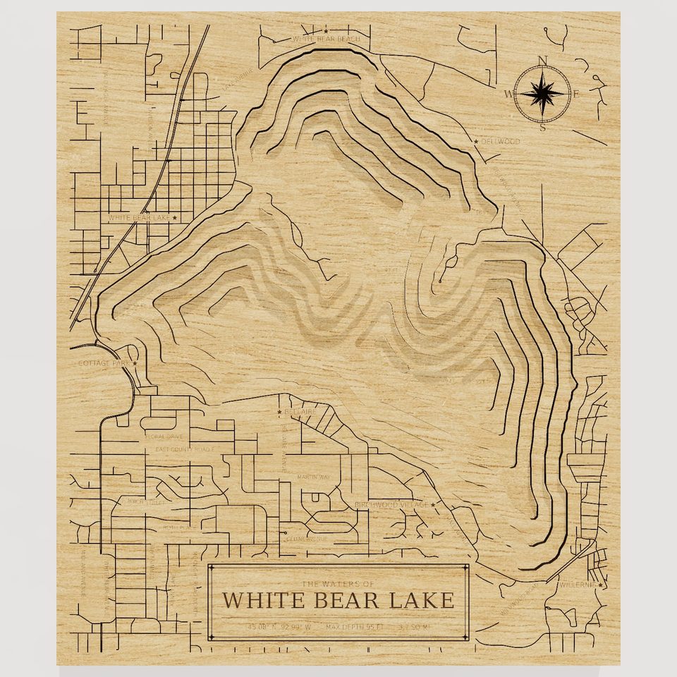 White Bear Lake 3D wood map, front view