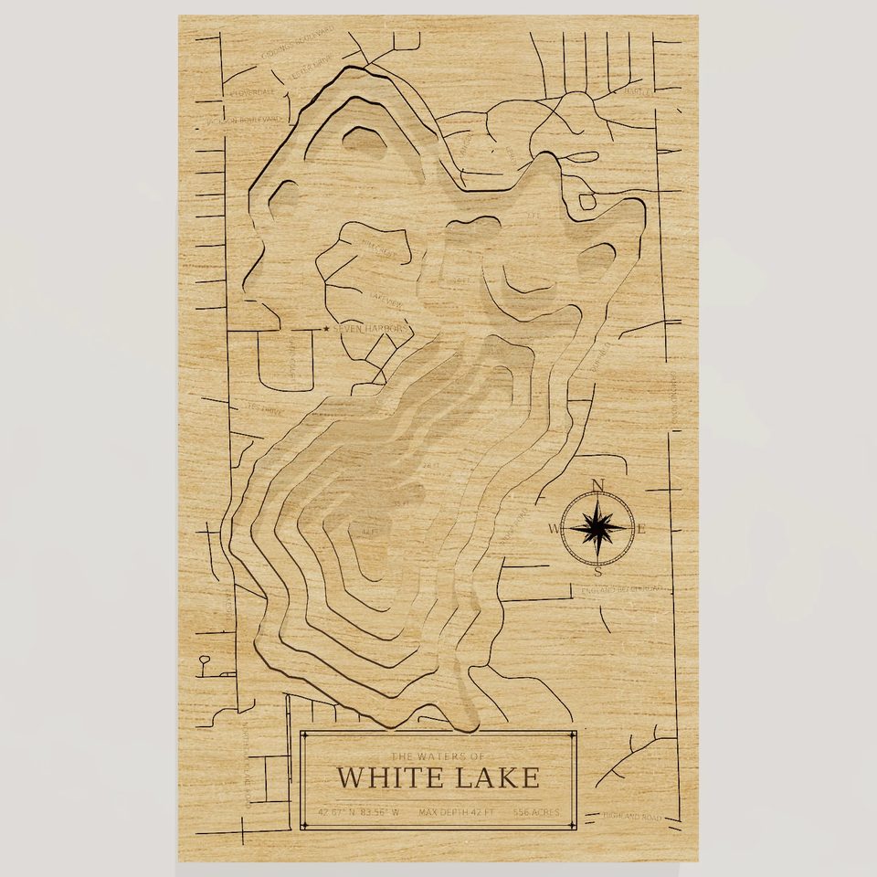 White Lake 3D wood map, front view