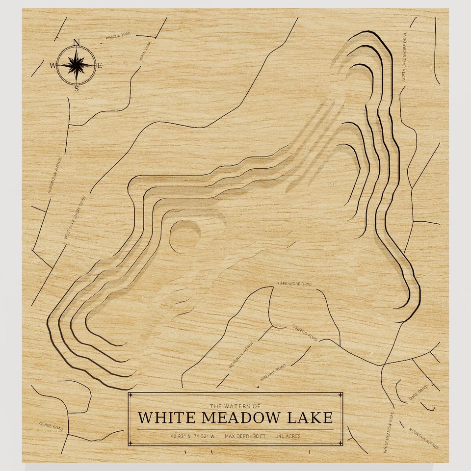 White Meadow Lake 3D wood map, front view