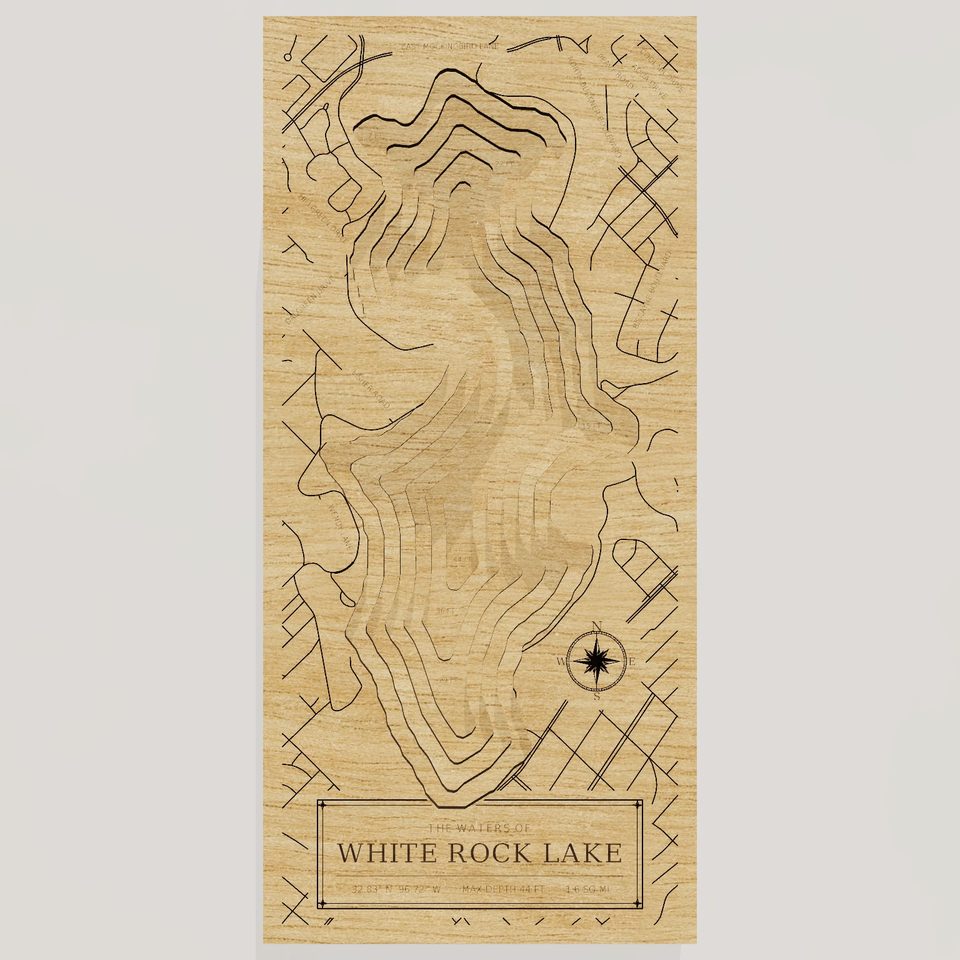 White Rock Lake 3D wood map, front view