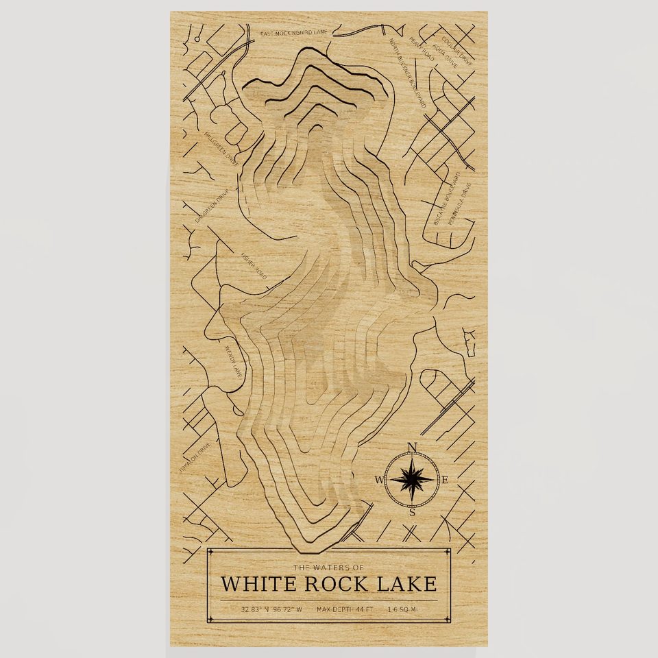 White Rock Lake 3D wood map, front view