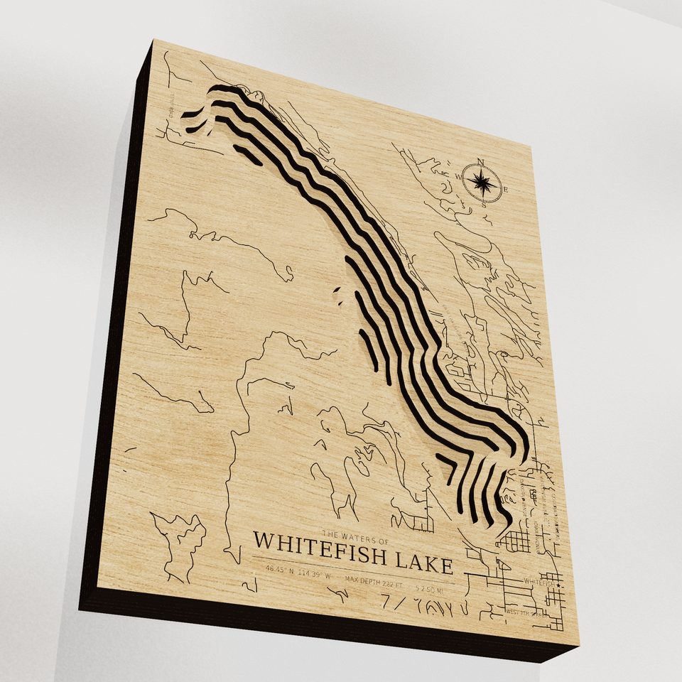 Whitefish Lake 3D wood map, angle low view