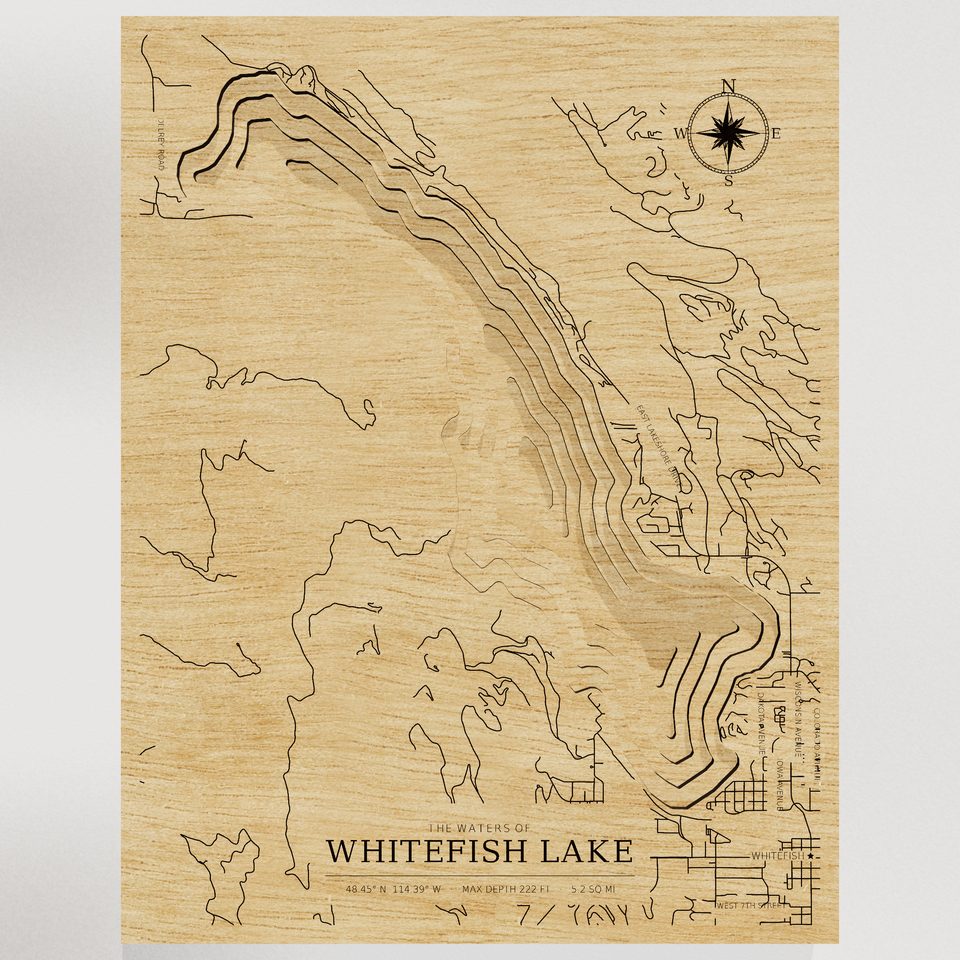 Whitefish Lake 3D wood map, front view