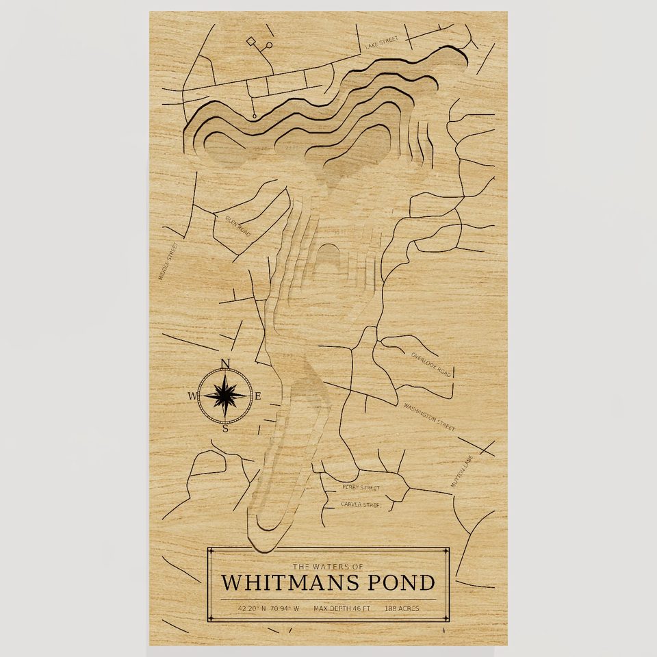 Whitmans Pond 3D wood map, front view