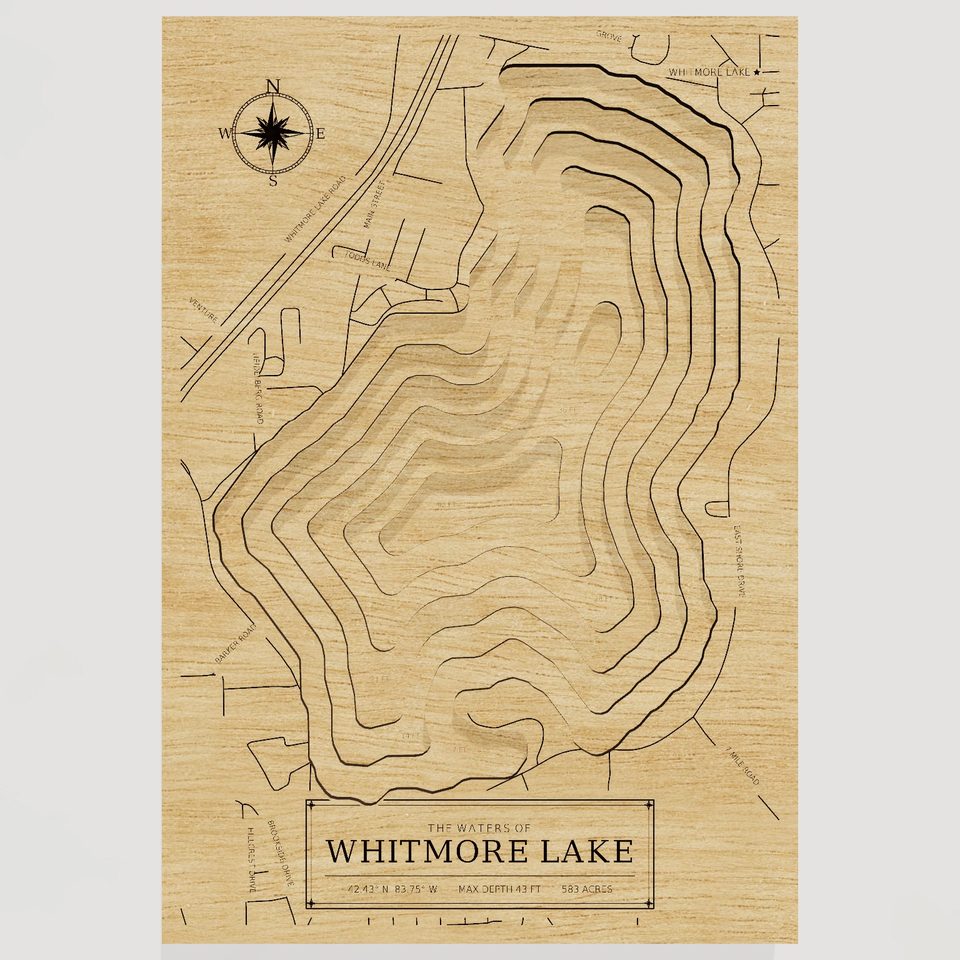 Whitmore Lake 3D wood map, front view
