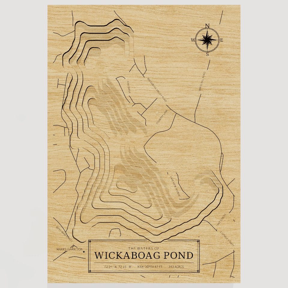 Wickaboag Pond 3D wood map, front view