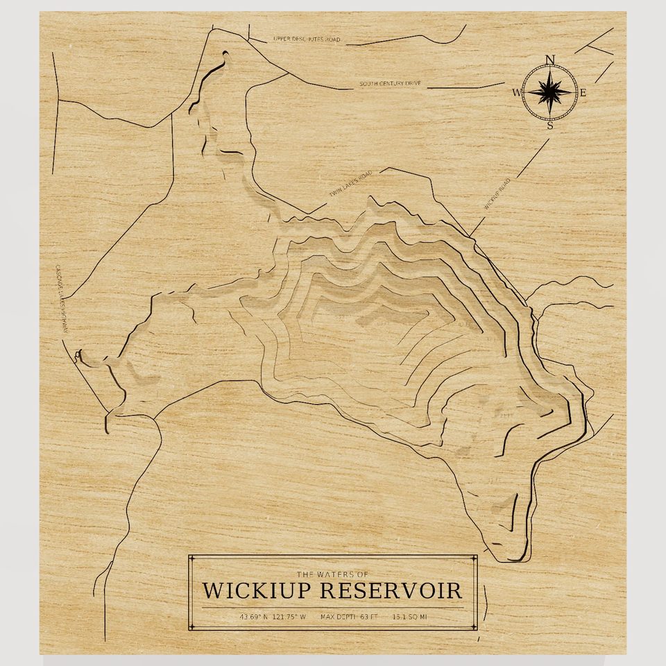 Wickiup Reservoir 3D wood map, front view