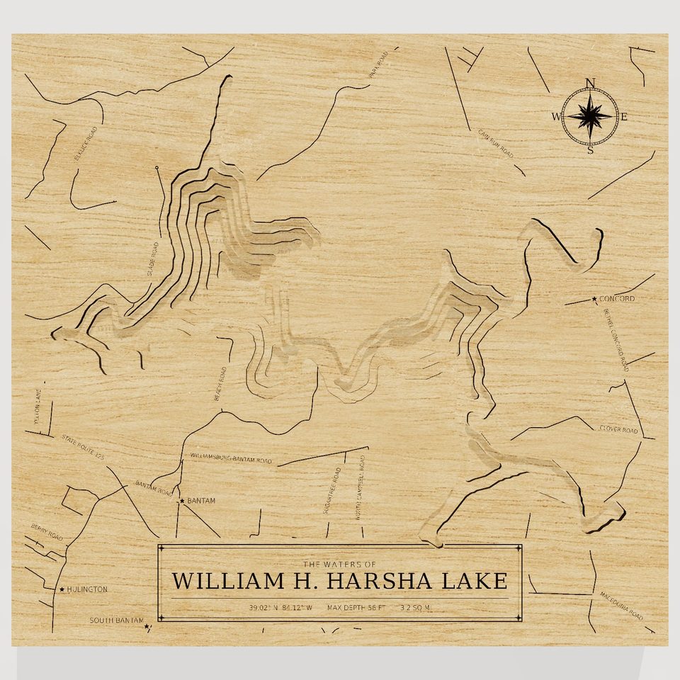 William H. Harsha Lake 3D wood map, front view