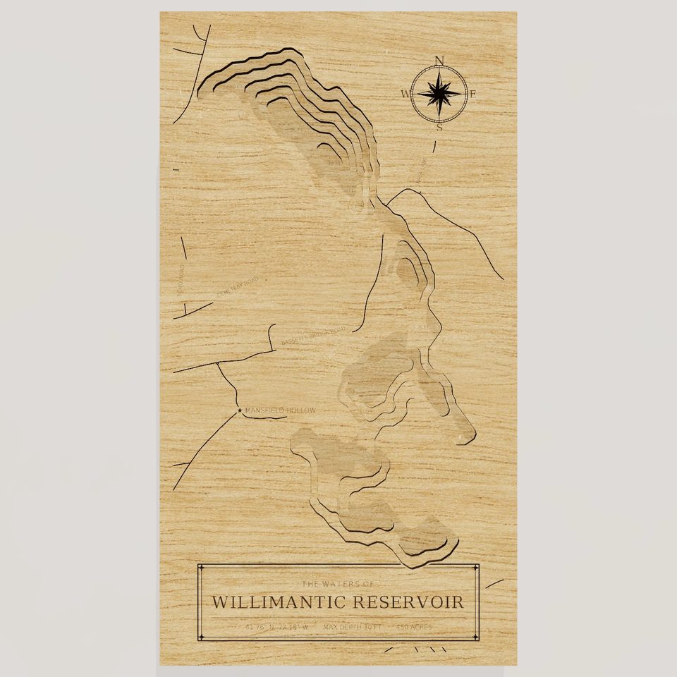 Willimantic Reservoir 3D wood map, front view
