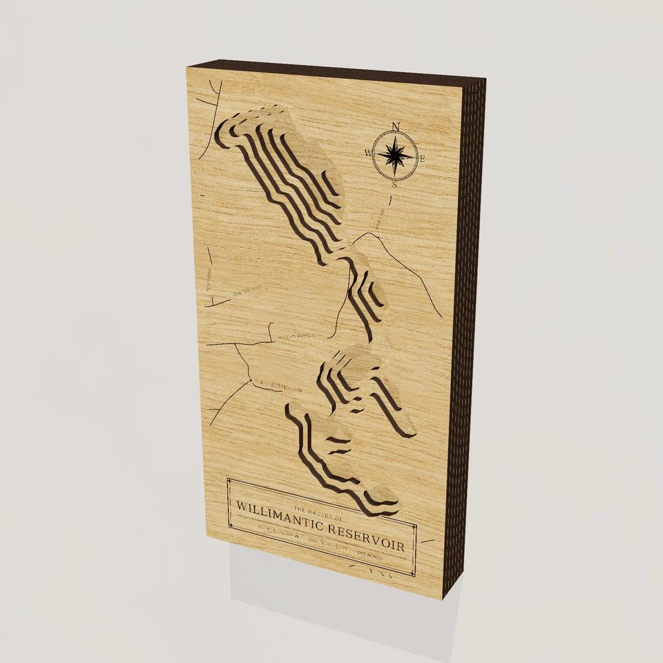 Willimantic Reservoir 3D wood map, hero view