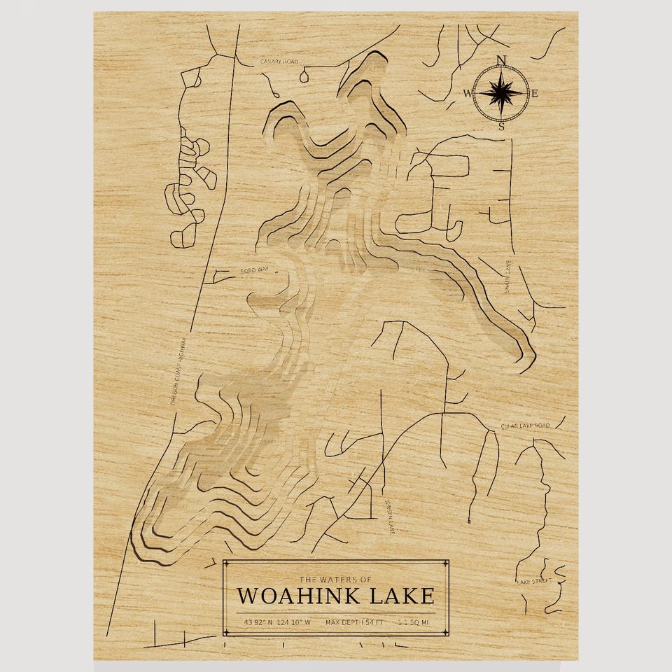 Woahink Lake 3D wood map, front view