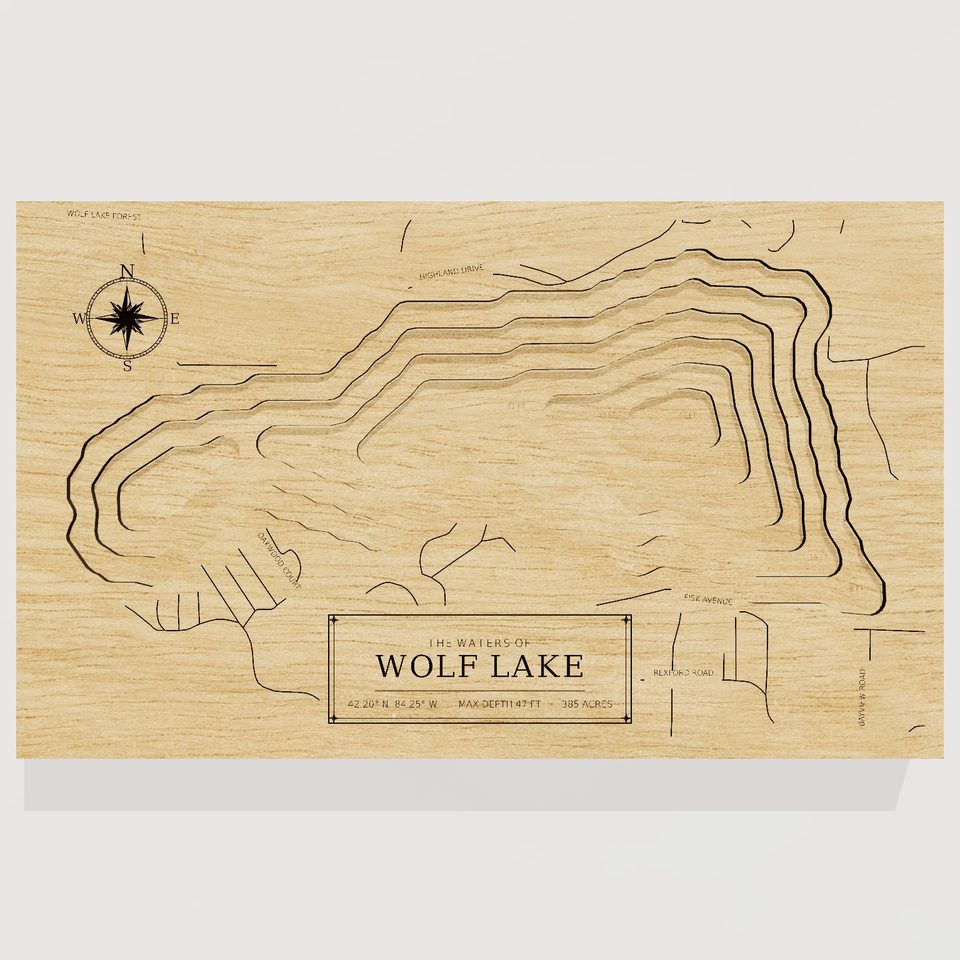 Wolf Lake 3D wood map, front view