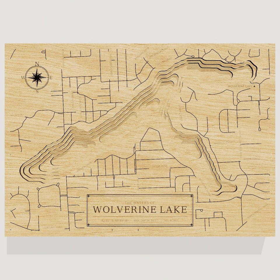 Wolverine Lake 3D wood map, front view