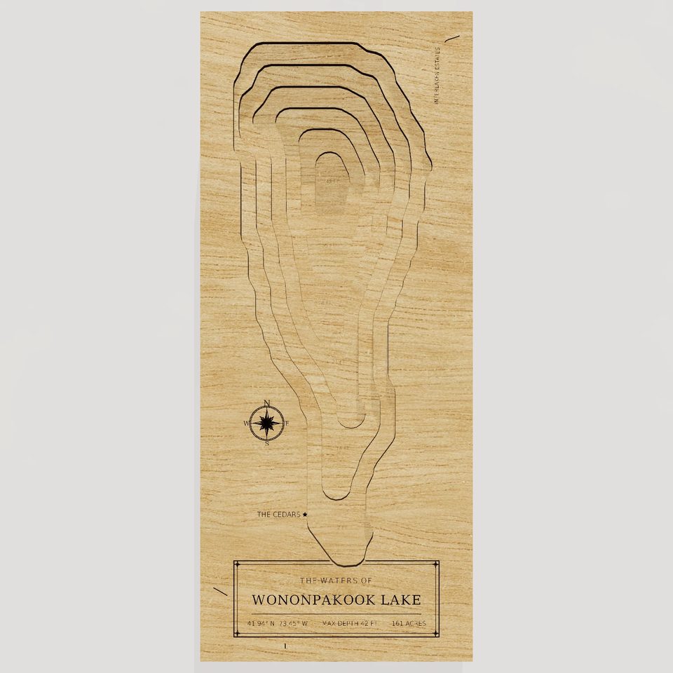 Wononpakook Lake 3D wood map, front view
