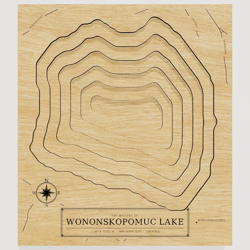 Wononskopomuc Lake 3D wood map, front view