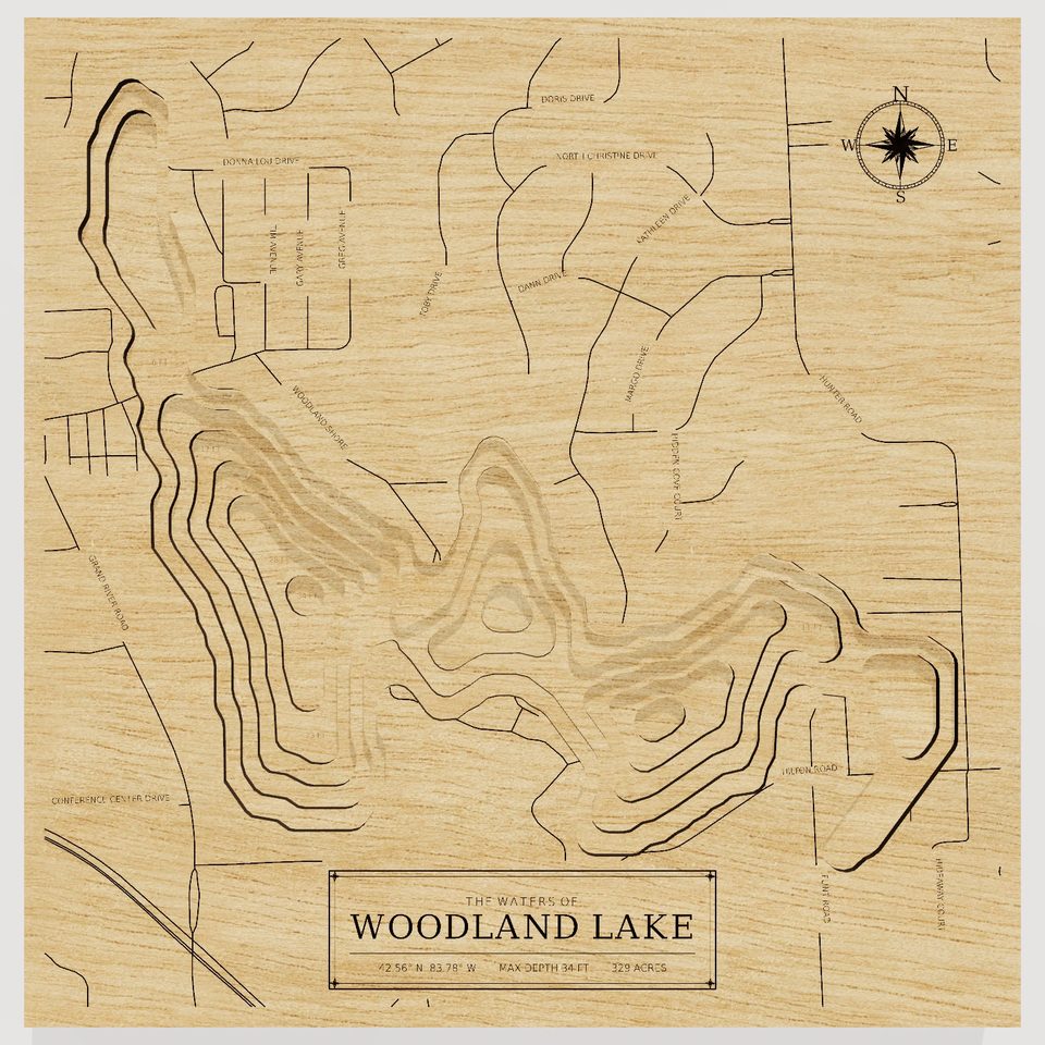Woodland Lake 3D wood map, front view