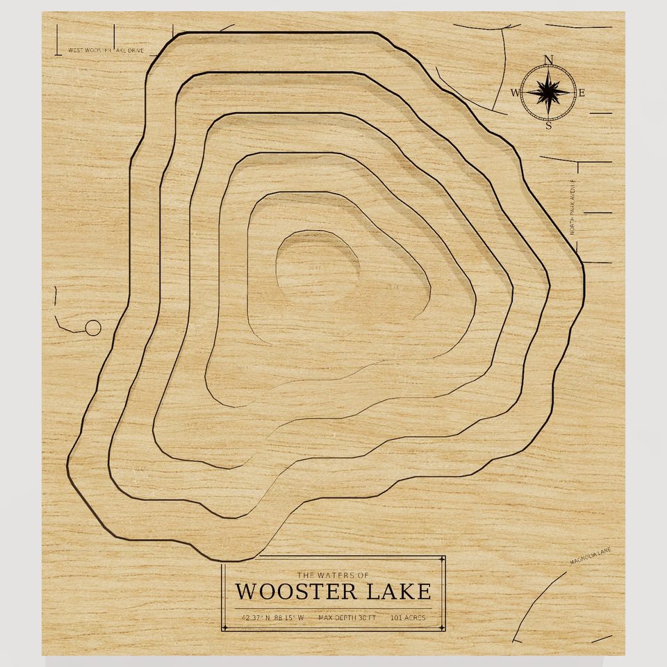 Wooster Lake 3D wood map, front view