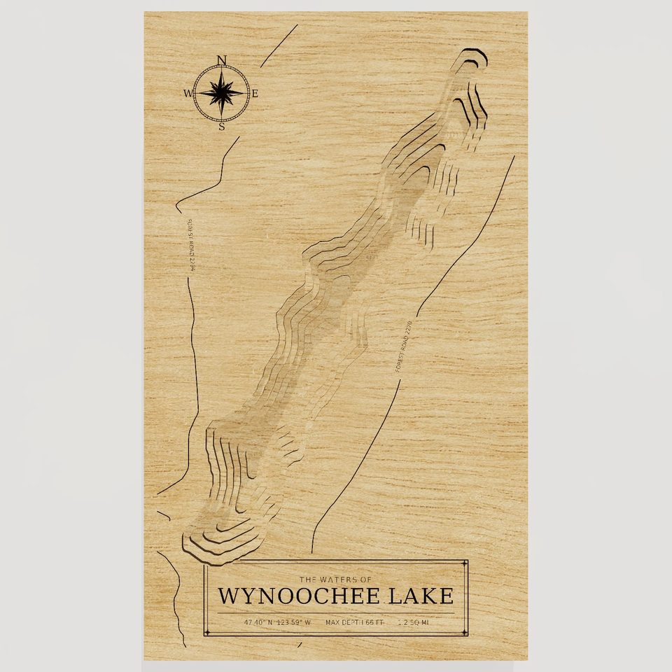Wynoochee Lake 3D wood map, front view