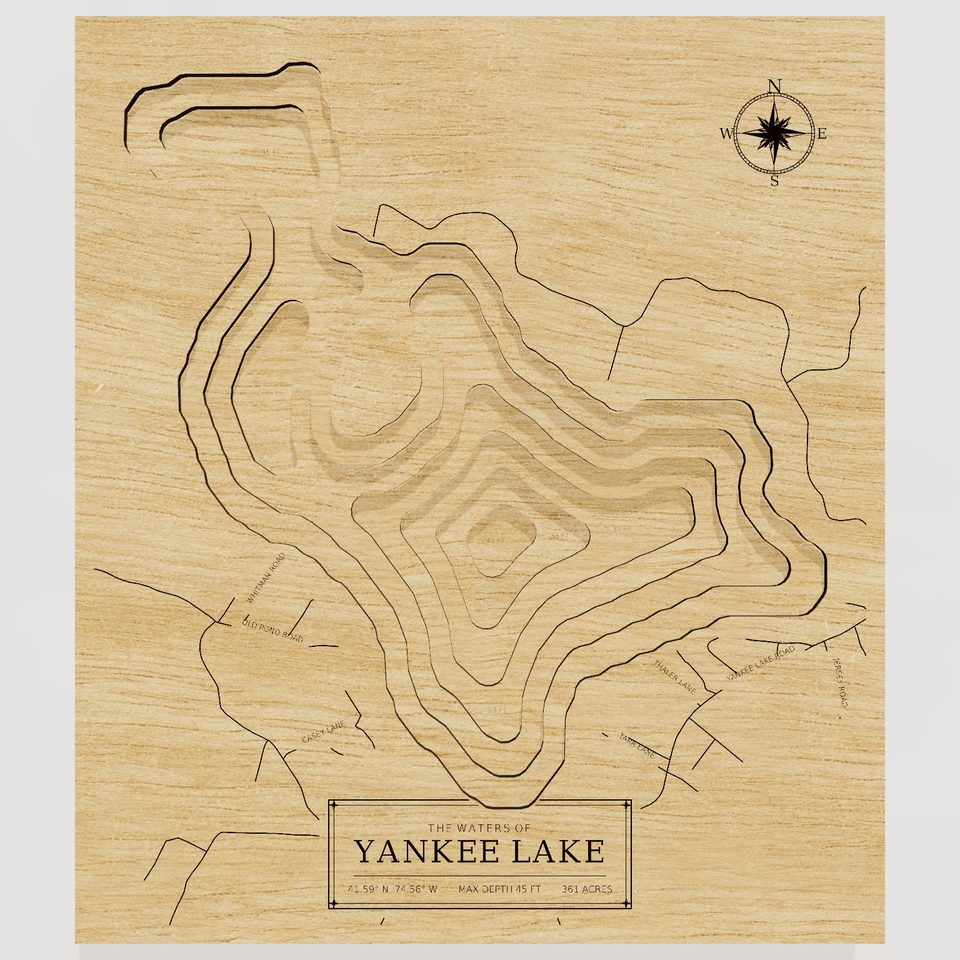 Yankee Lake 3D wood map, front view